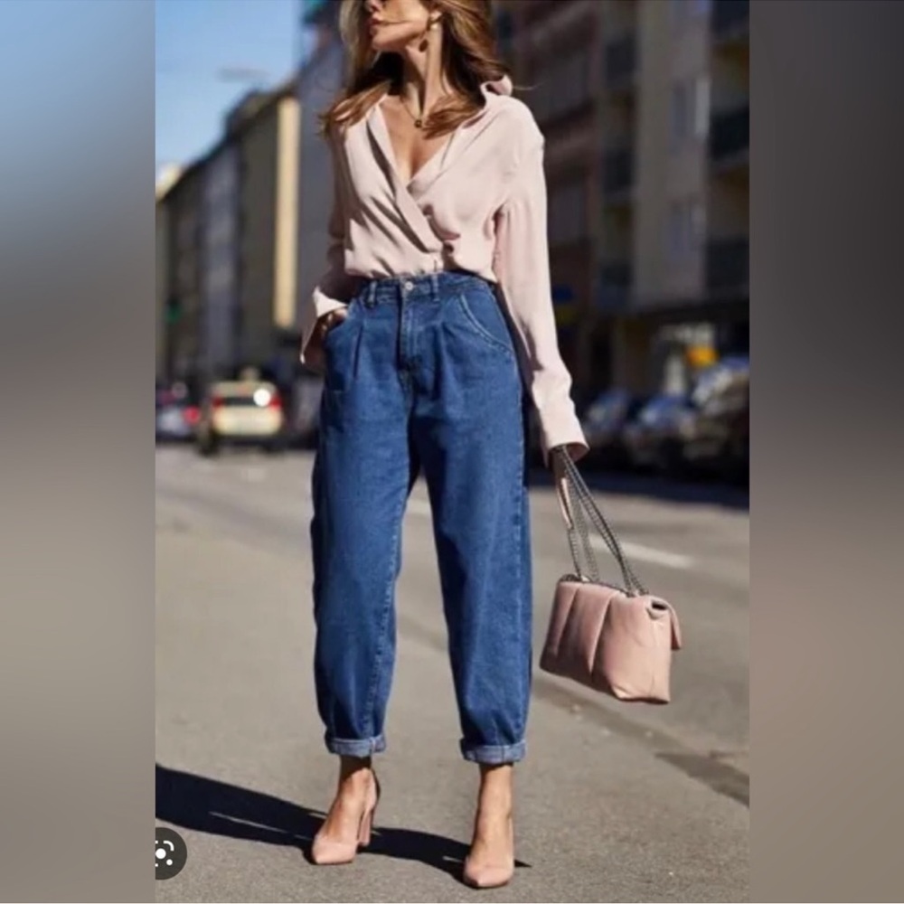 ZARA Paper Bag Carrot Leg Dark Blue Jeans